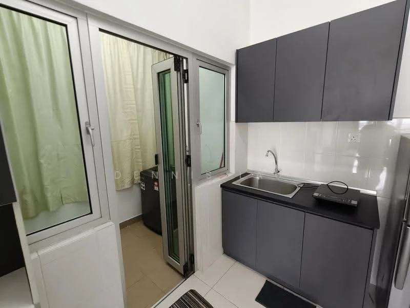 Kitchen features: grey cabinetry, black countertop, single-bowl stainless-steel sink, chrome pull-down faucet, built-in oven, refrigerator, tile flooring, white tiled backsplash, window with sheer curtains, light-colored walls, kitchen island, appliance shelf; style: modern. Room features: green curtains, window, washing machine.