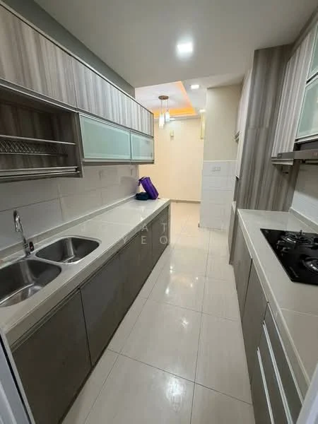 Kitchen features: double-bowl stainless-steel sink, chrome pull-down faucet, laminate countertop, grey cabinetry with flat-panel doors, white tiled backsplash, built-in gas hob, white ceramic tile flooring, recessed LED downlights, open shelving, glass-front upper cabinets; style: modern.