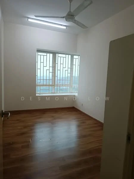 Room features: wooden flooring, white painted walls, ceiling fan, floor-to-ceiling windows, window with geometric grille design, natural light from window; view: city.