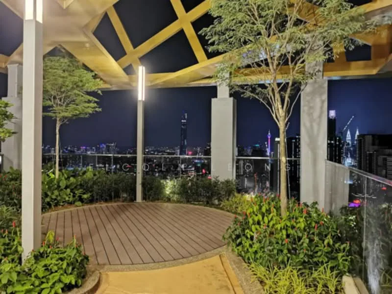 Exterior features: wooden decking, glass railing, landscaped garden with shrubs, mature trees, city skyline view, night lighting, open-air pavilion, decorative stone pathway; style: modern.