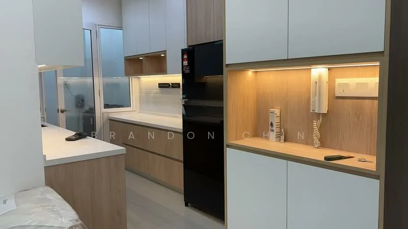 Kitchen features: white quartz countertop, wood cabinetry with light finish, black refrigerator, built-in oven, ceramic tile backsplash, recessed LED downlights, open shelving, single-bowl stainless-steel sink, chrome pull-down faucet, wall-mounted intercom, sliding glass door, grey tile flooring; style: modern.