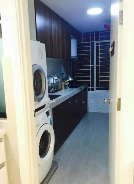 Laundry features: white front-load washing machine, white tumble dryer, dark wood cabinetry, grey tile flooring, white backsplash with geometric pattern, stainless-steel sink, countertop with storage underneath, recessed ceiling lights; style: modern.