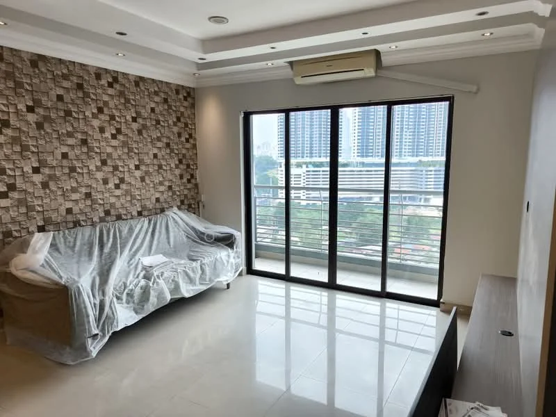 Living features: cream painted walls, accent wall with stone cladding, glossy porcelain tile flooring, tray ceiling with recessed downlights, floor-to-ceiling sliding glass door, black metal railing, air conditioning unit, sofa covered with white fabric, TV console, natural light from large windows; style: modern; view: city.