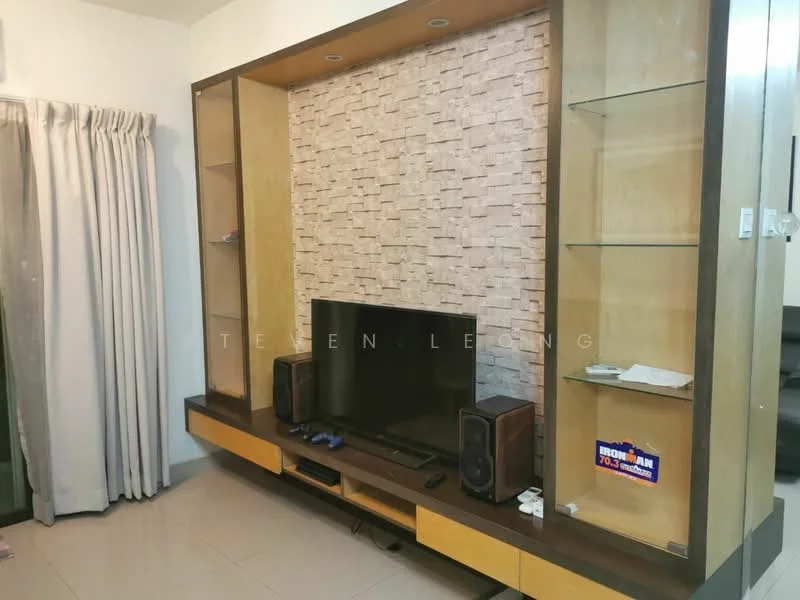 Living features: stone feature wall, built-in wooden TV console, black flat-screen TV, two speakers, light-colored tiled flooring, curtains, recessed lighting, wooden shelving, decorative items on shelves; style: modern.