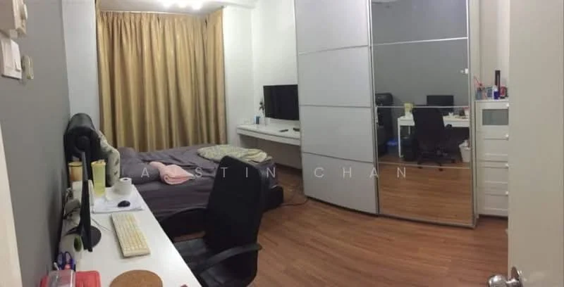 Bedroom features: queen-size bed with grey bedding, wooden flooring, floor-to-ceiling mirror wardrobe, white desk with chair, black office chair, wall-mounted TV, curtains in beige, built-in shelving unit, decorative items on desk; style: modern.