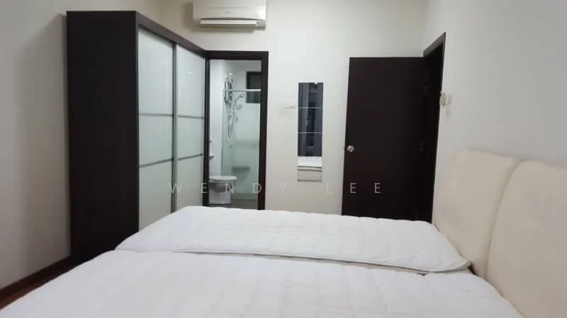 Bedroom features: two single beds with upholstered headboards, white bedding, wooden flooring, wall-mounted air conditioning unit, glass sliding wardrobe, dark wood door, neutral wall color, en-suite bathroom door; style: modern.