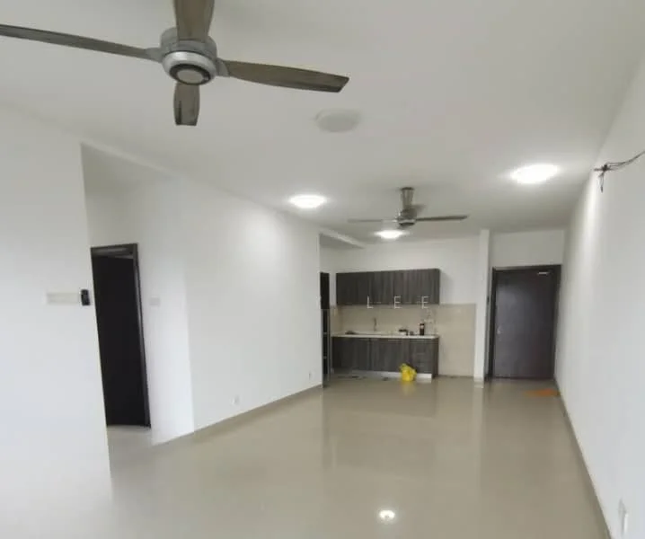 Living features: white painted walls, polished concrete flooring, 2 ceiling fans, recessed downlights, kitchenette with dark wood cabinetry, stainless-steel sink, countertop with beige tiles, open layout, doorway leading to another room; style: modern.