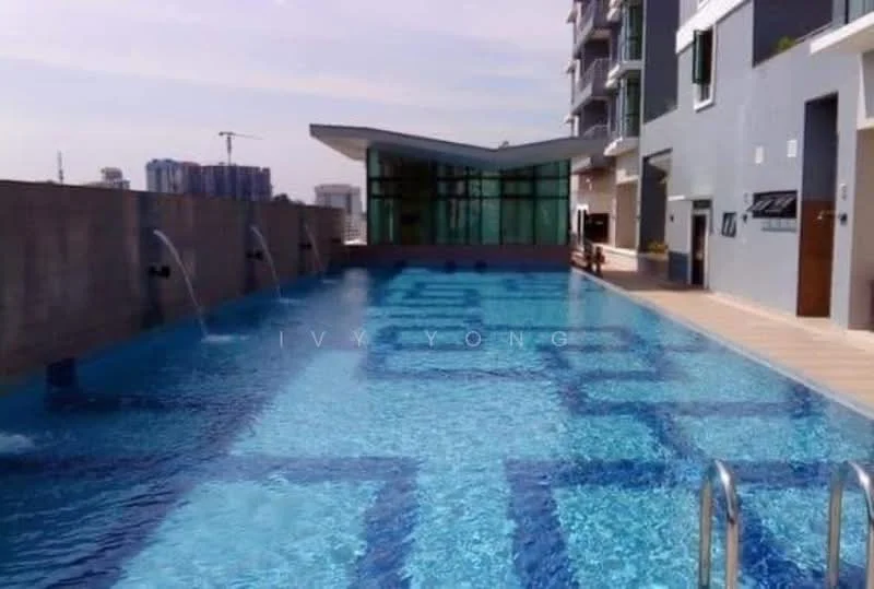Exterior type: swimming pool deck; features: infinity pool, water features with fountains, tiled pool deck, surrounding landscaping, poolside loungers, glass pavilion, city skyline view in background; style: modern.