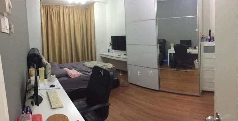 Bedroom features: queen-size bed with grey bedding, wooden flooring, grey painted walls, floor-to-ceiling mirror wardrobe, white desk with chair, black office chair, TV on wall-mounted stand, curtains in light brown, desk lamp, computer monitor, keyboard on desk; style: modern.