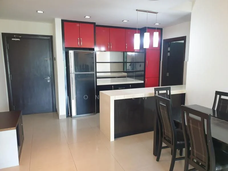 Kitchen features: red cabinetry, black cabinetry, white countertop, stainless-steel fridge, built-in oven, 4-burner gas hob, exhaust hood, pendant lighting, ceramic tile flooring, recessed downlights, dining table with chairs, open layout, wall-mounted cabinets, glass-front upper cabinets; style: modern.