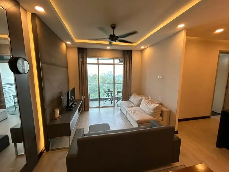 Living features: 3-seater fabric sofa in light beige, 2-seater fabric sofa in light grey, coffee table, wall-mounted TV, ceiling fan with light, recessed LED downlights, floor-to-ceiling windows, sliding glass door, curtains, wooden flooring, decorative mirror, wall clock; style: modern; view: garden.