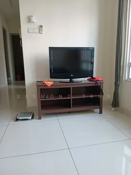 Living features: flat-screen TV on wooden TV console, wooden TV console with open shelving, white tiled flooring, light-colored painted walls, curtains on window, remote control on console, decorative items on console; style: modern.