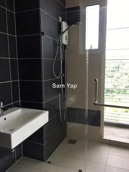 Bathroom features: walk-in shower with glass enclosure, rain shower head, handheld shower, white wall-mounted sink, chrome basin mixer faucet, black tiled walls, light-colored floor tiles, window with horizontal slats, towel rail, shower drainage, glass shower screen; style: modern; view: garden.