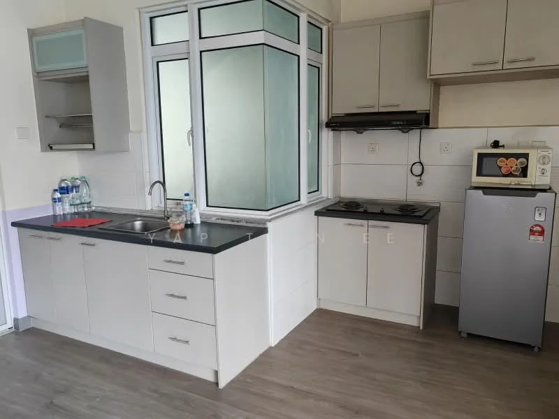 Kitchen features: white cabinetry, black countertop, stainless-steel sink, chrome pull-down faucet, built-in gas hob, exhaust hood, microwave, stainless-steel fridge, floor-to-ceiling windows, laminate flooring, wall-mounted shelves; style: modern.