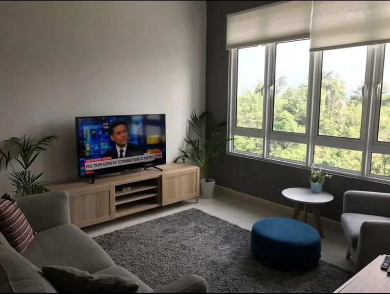 Living features: 3-seater fabric sofa in light grey, coffee table, TV console, wall-mounted TV, area rug with geometric pattern, floor-to-ceiling windows, sheer roller blinds, decorative houseplants, light grey walls, light-colored flooring; style: modern; view: garden.