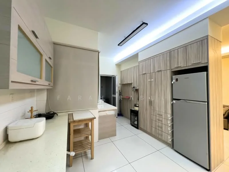 Kitchen features: white quartz countertop, light wood cabinetry, stainless-steel fridge, built-in oven, ceramic tile flooring, single-bowl stainless-steel sink, chrome pull-down faucet, open shelving, recessed LED downlights, window with sheer curtains, kitchen island with storage, black countertop appliance; style: modern.