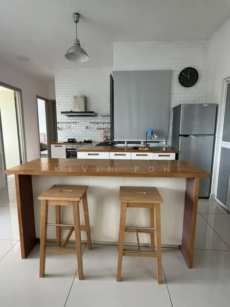 Kitchen features: white brick accent wall, wooden countertop, stainless-steel fridge, gas stove, white cabinetry with handles, open shelving, bar stools, pendant light, tile flooring, clock on wall, window with natural light; style: modern.