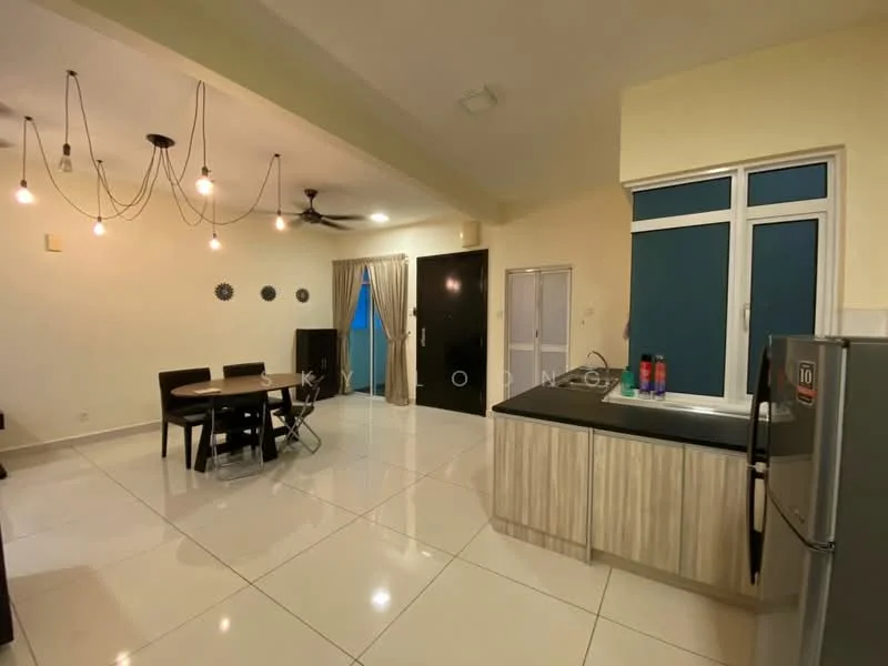 Kitchen features: white painted walls, polished ceramic tile flooring, recessed downlights, 5-blade ceiling fan, black countertop, stainless-steel fridge, wood cabinetry, dining table with four chairs, sliding glass door, curtains, open layout; style: modern.