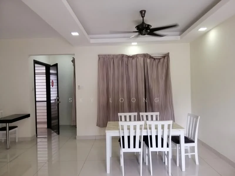 Dining features: white dining table, 4 white dining chairs, ceiling fan with light, recessed downlights, cream painted walls, glossy tile flooring, curtains, open doorway to hallway; style: modern. Room features: cream painted walls, glossy tile flooring, open doorway.