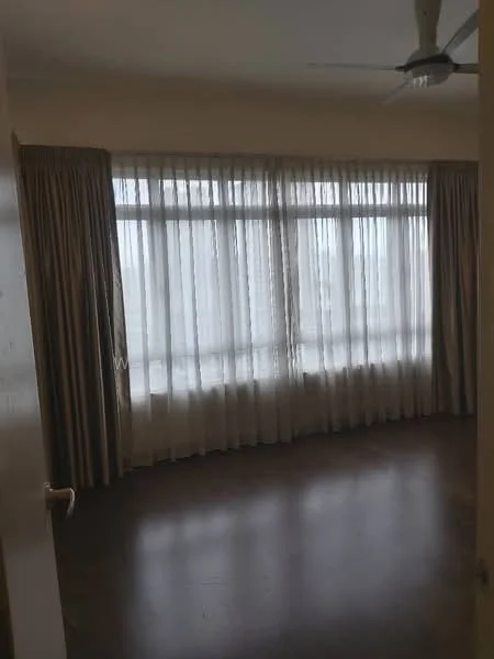 Room features: large floor-to-ceiling windows, sheer curtains, heavy drapes, wooden flooring, ceiling fan, neutral wall color, spacious layout, natural light; style: modern.