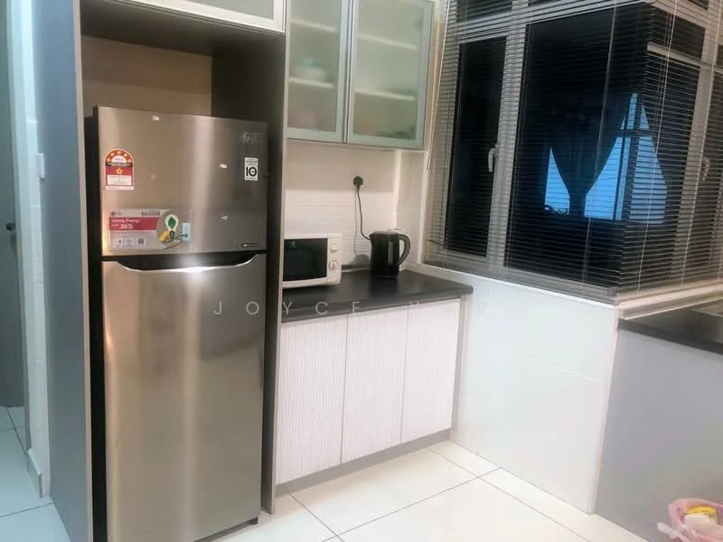 Kitchen features: stainless-steel fridge, built-in microwave, black countertop, white cabinetry with textured finish, glass upper cabinets, tile flooring, window with blinds, kettle; style: modern.