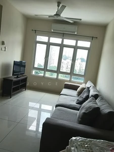 Living features: 3-seater fabric sofa in grey, coffee table, wall-mounted TV, TV console, floor-to-ceiling windows, white painted walls, glossy tile flooring, ceiling fan, air conditioning unit; style: modern; view: city.