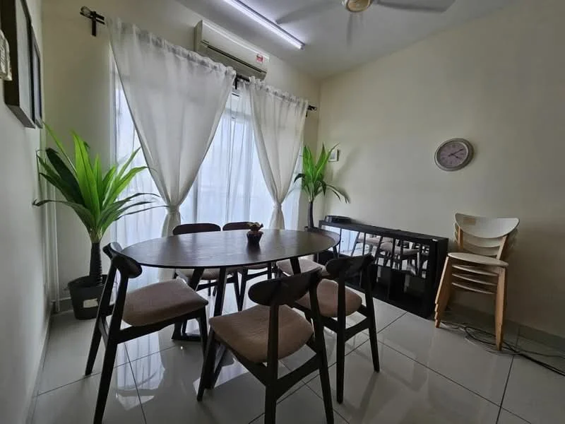 Dining features: round dining table, 6 dining chairs, white sheer curtains, floor-to-ceiling windows, indoor plants, wall clock, light-colored walls, ceramic tile flooring, ceiling fan, black console table; style: modern.