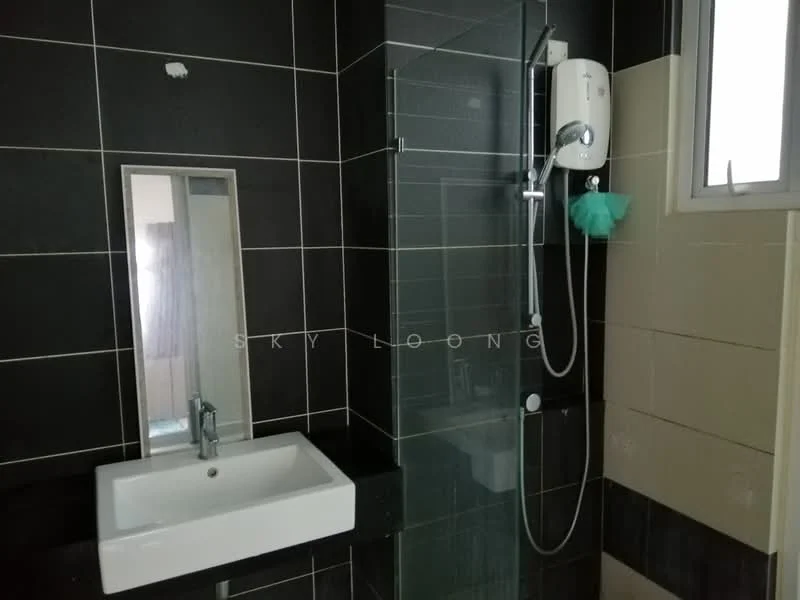 Bathroom features: black tiled walls, white ceramic sink, chrome basin mixer faucet, glass shower enclosure, handheld shower, wall-mounted shower unit, full-length mirror, window with frosted glass, black countertop, white tiled flooring; style: modern.