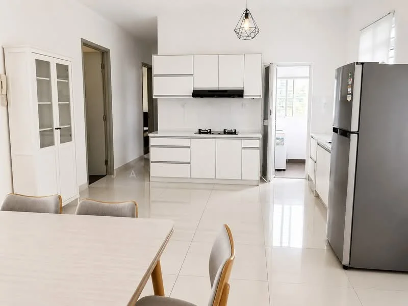 Kitchen features: white cabinetry, stainless-steel gas hob, black range hood, white countertop, ceramic tile flooring, refrigerator, window with natural light, open layout to dining area, pendant light fixture, dining table with chairs; style: modern. Dining features: dining table, upholstered dining chairs; style: modern.