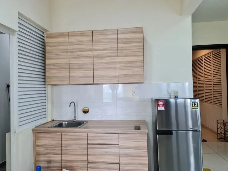 Kitchen features: wooden cabinetry with a light brown finish, stainless-steel sink, chrome faucet, white tiled backsplash, stainless-steel fridge, countertop with a flat surface, sliding window with horizontal slats, tile flooring; style: modern.