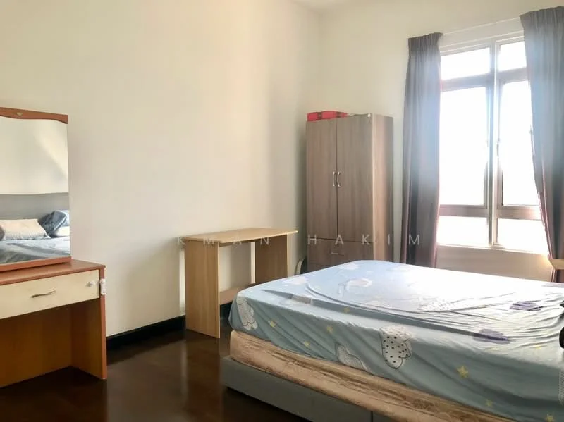 Bedroom features: queen-size bed with mattress, wooden bedside table, wooden dresser with mirror, built-in wardrobe, curtains on windows, light-colored walls, dark wooden flooring, window with natural light.