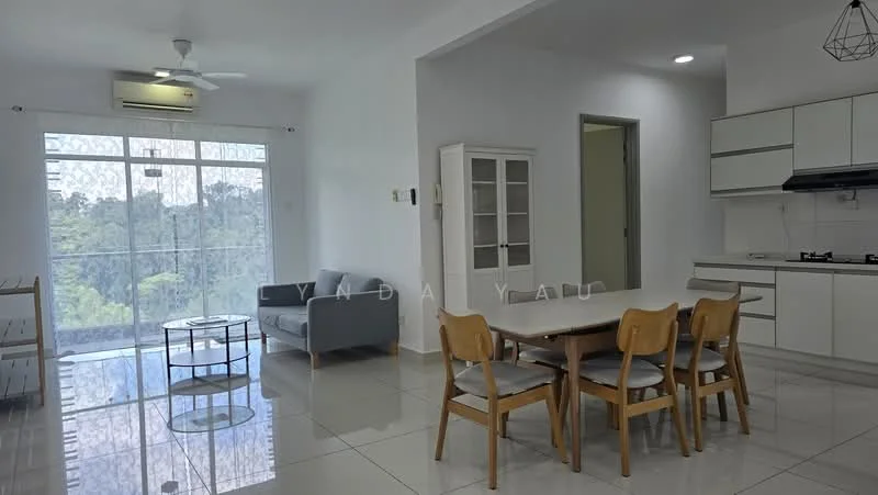 Living features: grey fabric sofa, 4-seater dining table, wooden dining chairs, white cabinetry, gas stove, white countertops, tile flooring, floor-to-ceiling windows, sheer curtains, ceiling fan with light, recessed lighting; style: modern; view: garden.
