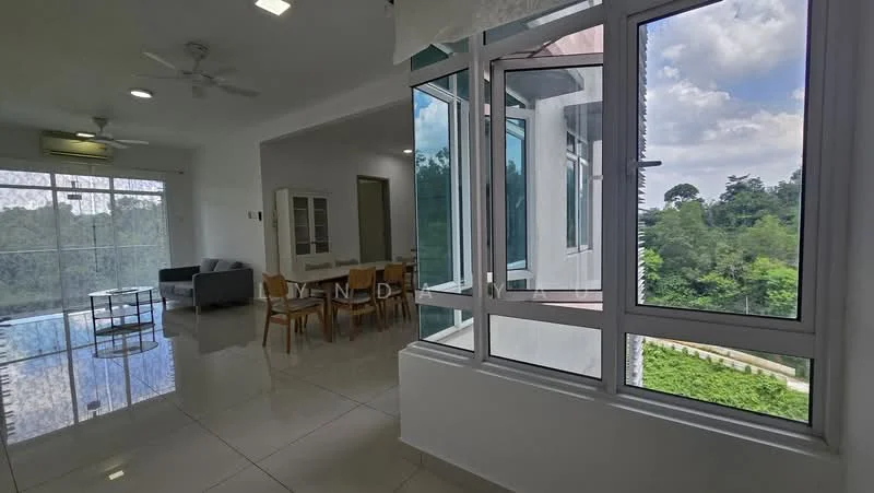 Room features: floor-to-ceiling windows, sliding glass door, white painted walls, glossy tile flooring, ceiling fan, natural light, view of greenery, open layout, dining area, living area; style: modern; view: garden.