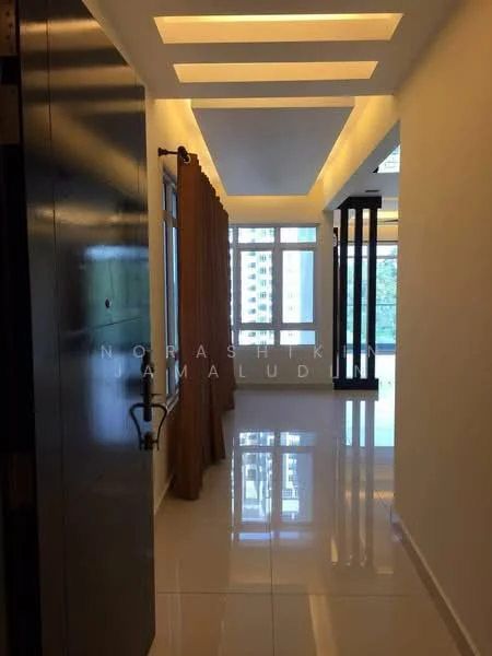 Room features: white painted walls, glossy tile flooring, recessed ceiling lights, floor-to-ceiling windows, curtains in brown, open hallway layout, door with handle, decorative column; style: modern; view: city.