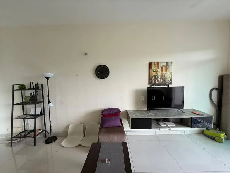 Living features: white painted walls, glossy tile flooring, wall-mounted TV, black TV console, decorative artwork on wall, floor lamp, clock on wall, shelf unit with books and decor, purple cushion, two floor cushions, vacuum cleaner visible; style: modern.