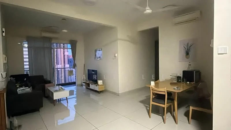 Living features: white painted walls, glossy tile flooring, 5-blade ceiling fan, wall-mounted TV, sofa, coffee table, dining table with chairs, sliding glass door, curtains, air conditioning unit; style: modern; view: city.