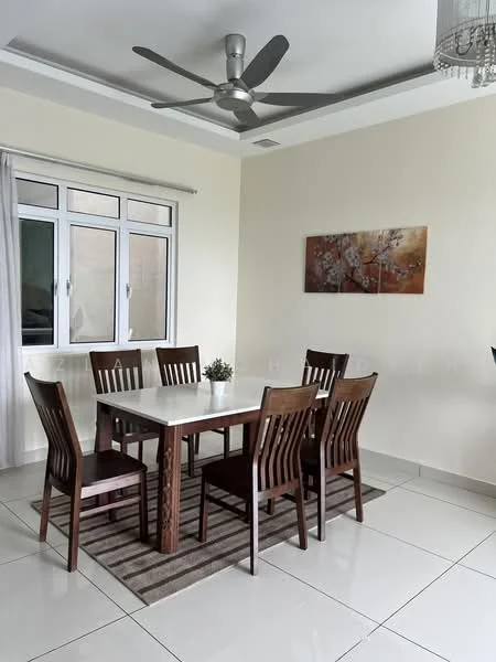 Dining features: 6-seater dining table, wooden dining chairs, ceiling fan with light, white painted walls, tile flooring, large windows with sheer curtains, decorative wall art, area rug with geometric pattern; style: modern.