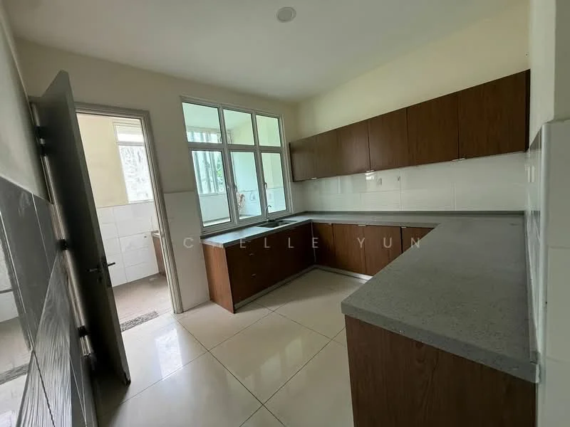 Kitchen features: L-shaped countertop, grey granite countertop, brown wooden cabinetry, white tiled backsplash, double-bowl stainless-steel sink, chrome pull-down faucet, floor-to-ceiling windows, white painted walls, ceramic tile flooring, recessed downlights; style: modern.