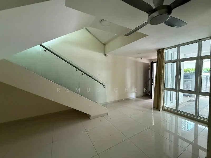 Room features: white painted walls, tile flooring, ceiling fan, glass railing on staircase, large windows, curtains, door leading outside, staircase; style: modern.