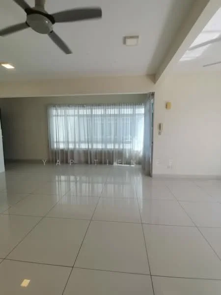 Living features: large floor-to-ceiling windows, white sheer curtains, white painted walls, recessed downlights, 5-blade ceiling fan, glossy white tile flooring, open layout, neutral color scheme; style: modern.