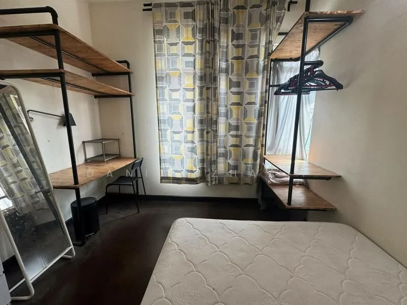 Bedroom features: wooden flooring, white painted walls, large window with sheer curtains, metal shelving units, wooden shelves, full-length mirror, black desk, hanging clothes rack, queen-size bed with mattress, decorative patterned curtains; style: minimalist.