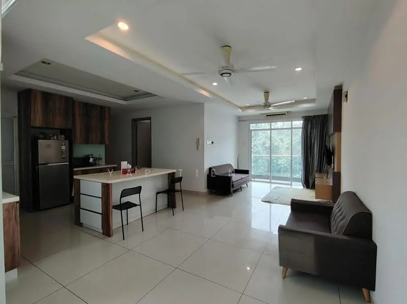 Living features: white painted walls, glossy tile flooring, recessed downlights, 5-blade ceiling fan with light, sofa in dark brown, coffee table, TV console, floor-to-ceiling windows, curtains, open kitchen layout, kitchen island with seating, stainless-steel fridge; style: modern; view: garden. Kitchen features: white cabinetry, granite countertop, stainless-steel sink, chrome pull-down faucet, built-in oven, freestanding range oven, microwave, open shelving; style: modern.
