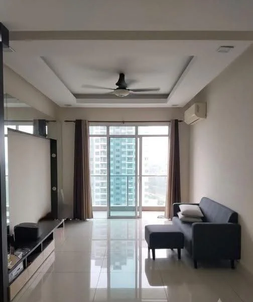 Living features: grey fabric sofa, coffee table, wall-mounted TV console, floor-to-ceiling windows, sliding glass door, sheer curtains, dropped ceiling with recessed lighting, 5-blade ceiling fan, air conditioning unit, glossy tile flooring, neutral painted walls; style: modern; view: city.
