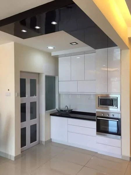 Kitchen features: white high-gloss cabinetry, black granite countertop, stainless-steel built-in oven, stainless-steel microwave, single-bowl stainless-steel sink, chrome pull-down faucet, ceramic tile flooring, recessed LED downlights, black ceiling with lighting, glass panel door, wall-mounted cabinet, open shelving; style: modern.