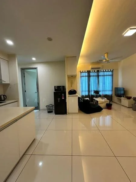 Kitchen features: white cabinetry, stainless-steel fridge, built-in oven, ceramic tile flooring, white countertop, kettle, microwave; style: modern. Living features: sofa, coffee table, TV console, wall-mounted TV, ceiling fan, large window with sheer curtains, decorative plants, recessed lighting; style: modern.