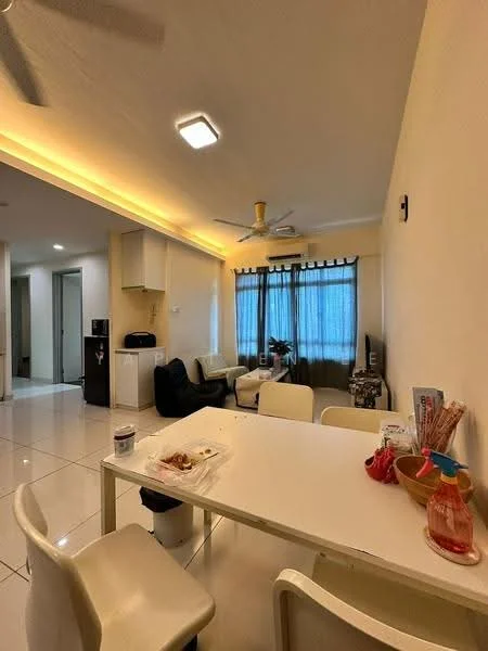 Dining features: white dining table, 4 white dining chairs, ceiling fan with light, recessed LED downlights, large window with sheer curtains, cream painted walls, glossy white tile flooring, decorative plant on window sill, wall-mounted light fixture; style: modern. Living features: black leather sofa, single armchair, small side table, floor-to-ceiling window, curtains, cream painted walls, glossy white tile flooring; style: modern.
