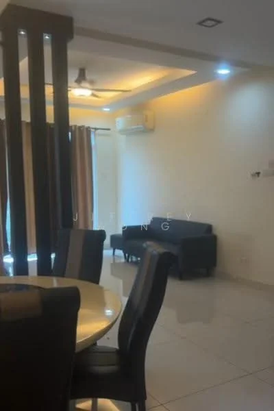 Living features: 3-seater fabric sofa in dark color, round dining table, upholstered dining chairs, ceiling fan, wall-mounted split AC, cream painted walls, recessed downlights, floor-to-ceiling windows with sheer curtains, tile flooring, decorative wall panels, neutral color scheme; style: modern.