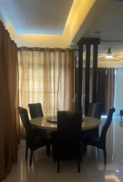 Dining features: round dining table, 6 upholstered dining chairs in black, brown sheer curtains, white ceiling with recessed lighting, polished tile flooring, decorative wall paneling, wall-mounted light fixture; style: modern.