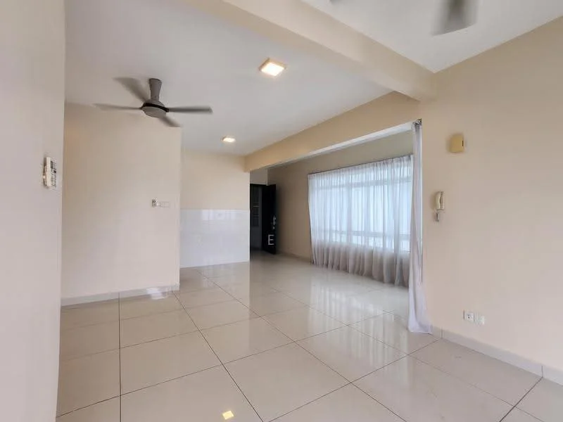 Living features: cream painted walls, white ceiling, recessed downlights, 5-blade ceiling fan, large windows with sheer curtains, glossy ceramic tile flooring, open layout, wall-mounted intercom, corner view, neutral color palette; style: modern; view: city.