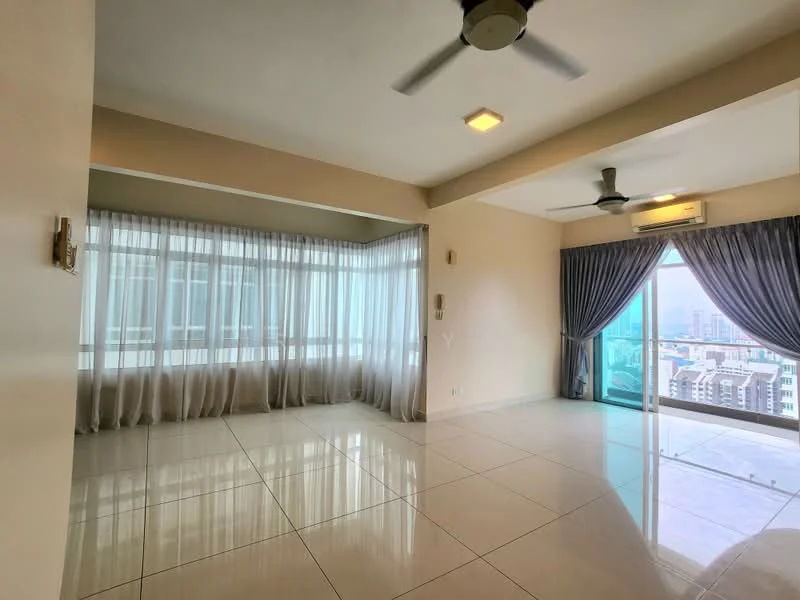 Living features: large floor-to-ceiling windows, grey curtains, white walls, recessed downlights, 5-blade ceiling fan with light, sliding glass door, white tiled flooring, balcony access, city view; style: modern; view: city.